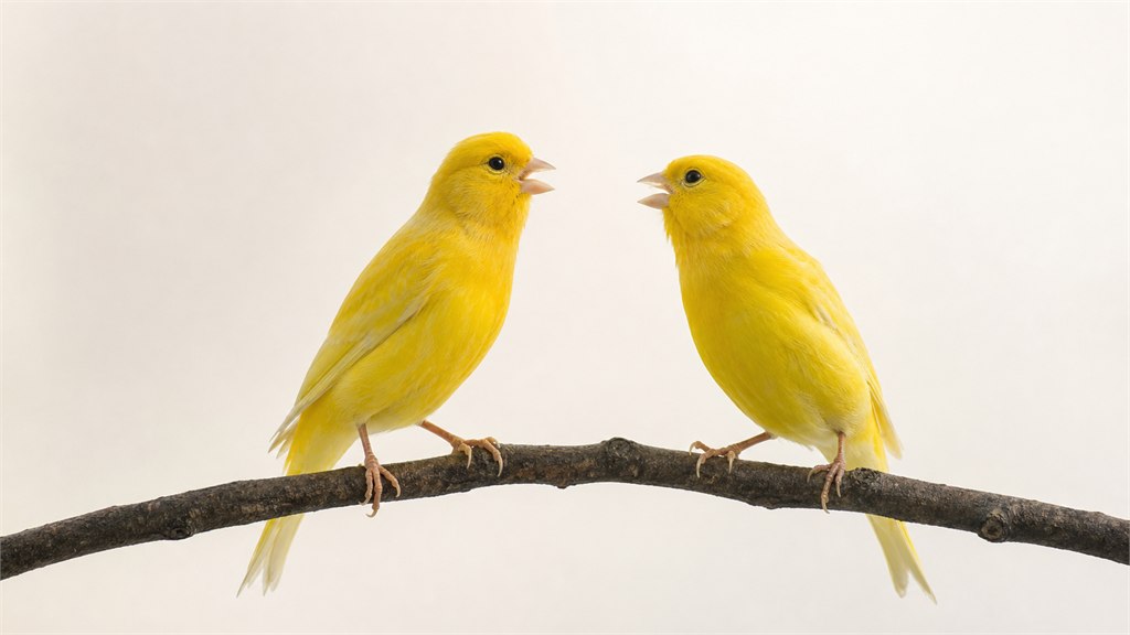 Deux canaris jaunes se répondent sur une branche